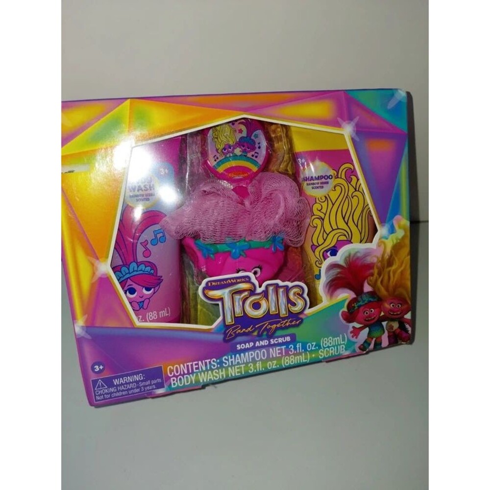 NIB DreamWorks Trolls Band Together 3pc Bath Set Shampoo Body Wash Scrubber